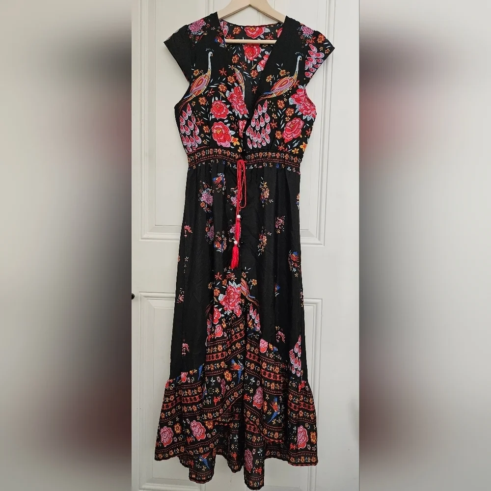 Wish V-Neck Peacock Floral Print Flare Sleeve Bohemian cotton blend Dress size S - Picture 3 of 13